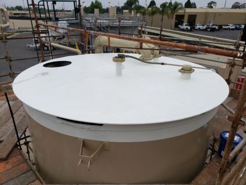 A booster tank of a wastewater facility is displayed after Belzona products are applied to repair corrosion