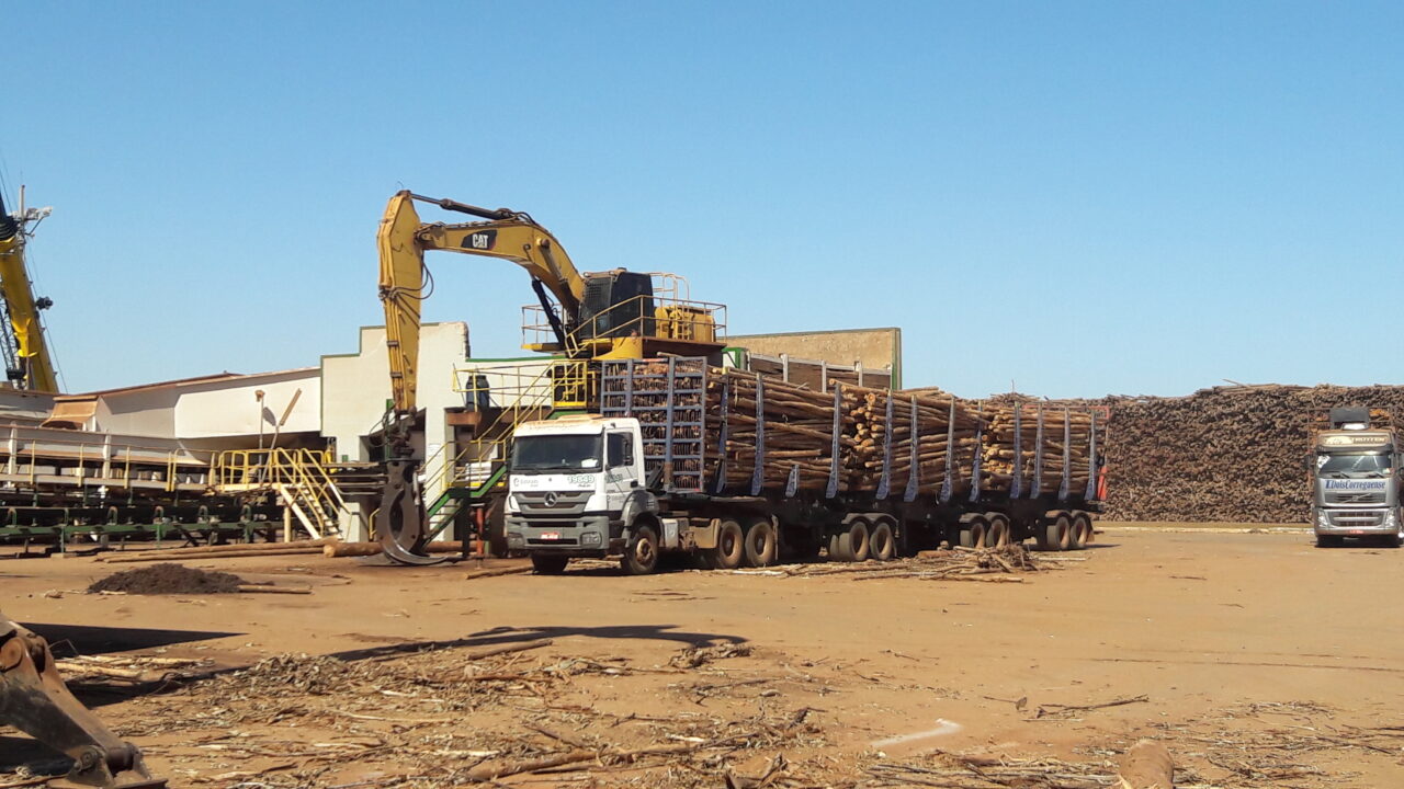 Image of crane beside flatbed truck with a load of logs for the crane to move