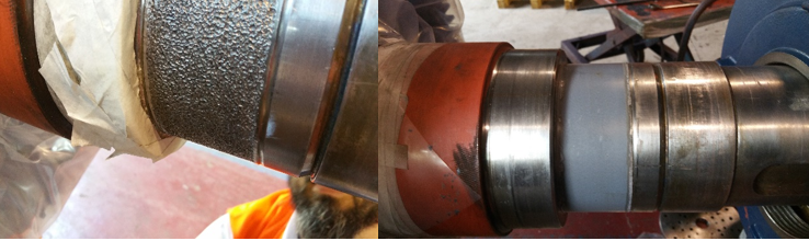 Shaft rebuilt to exact dimensions using ceramic epoxy coating, Belzona 1321 (Ceramic S-Metal)