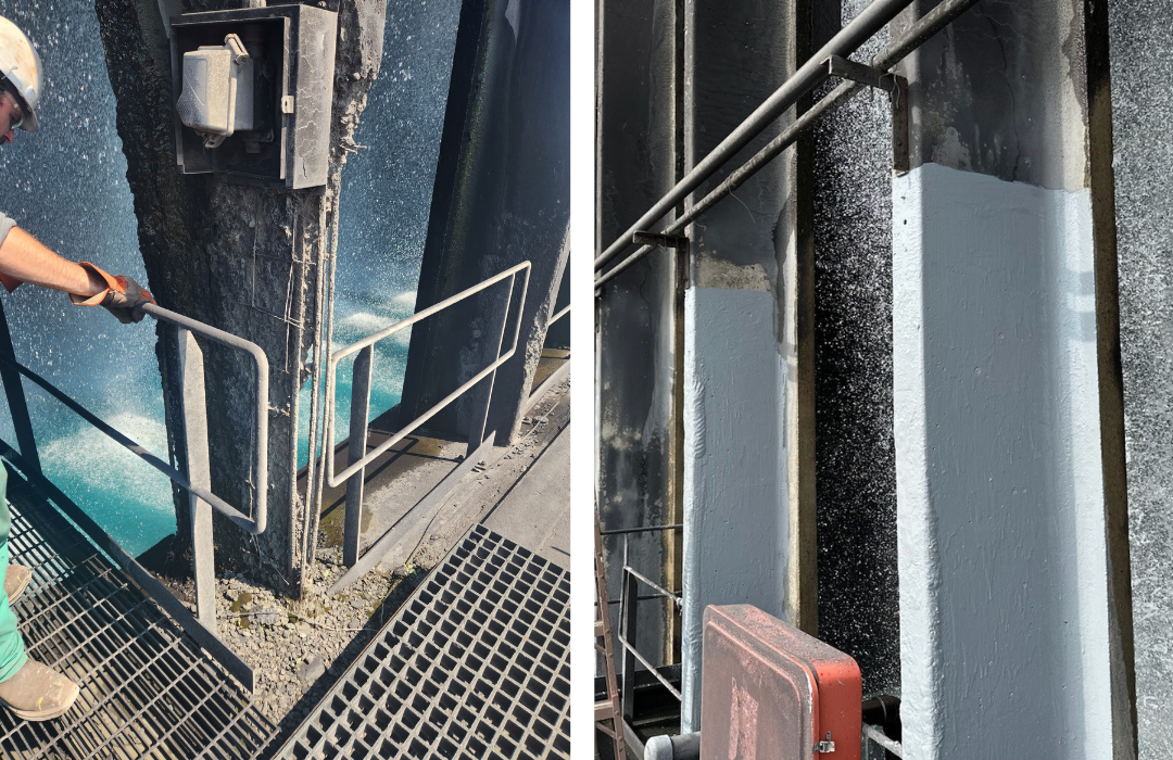 Damaged concrete columns in a cooling tower, later rebuilt and protected with epoxy coating for concrete 