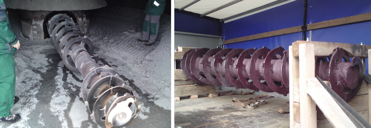 Screw conveyor at a pulp and paper facility protected with Belzona 1811 (Ceramic Carbide) abrasion resistant coating.