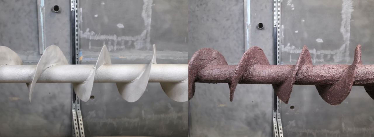 Before and after screw conveyor repair showing restored surfaces protected with Belzona 1811 abrasion resistant coating.
