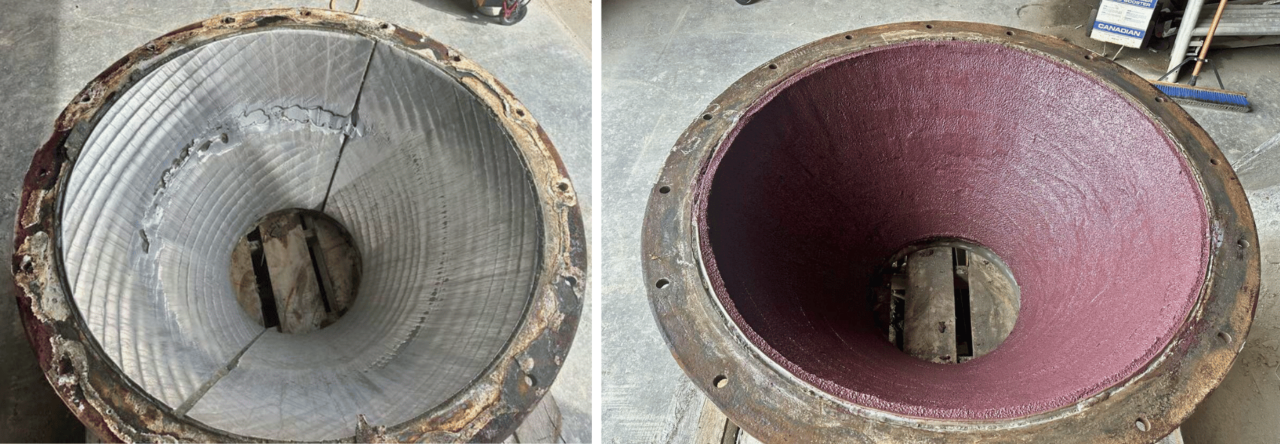 Hopper protected with Belzona 1811 (Ceramic Carbide) abrasion resistant lining to resist coarse particle abrasion.