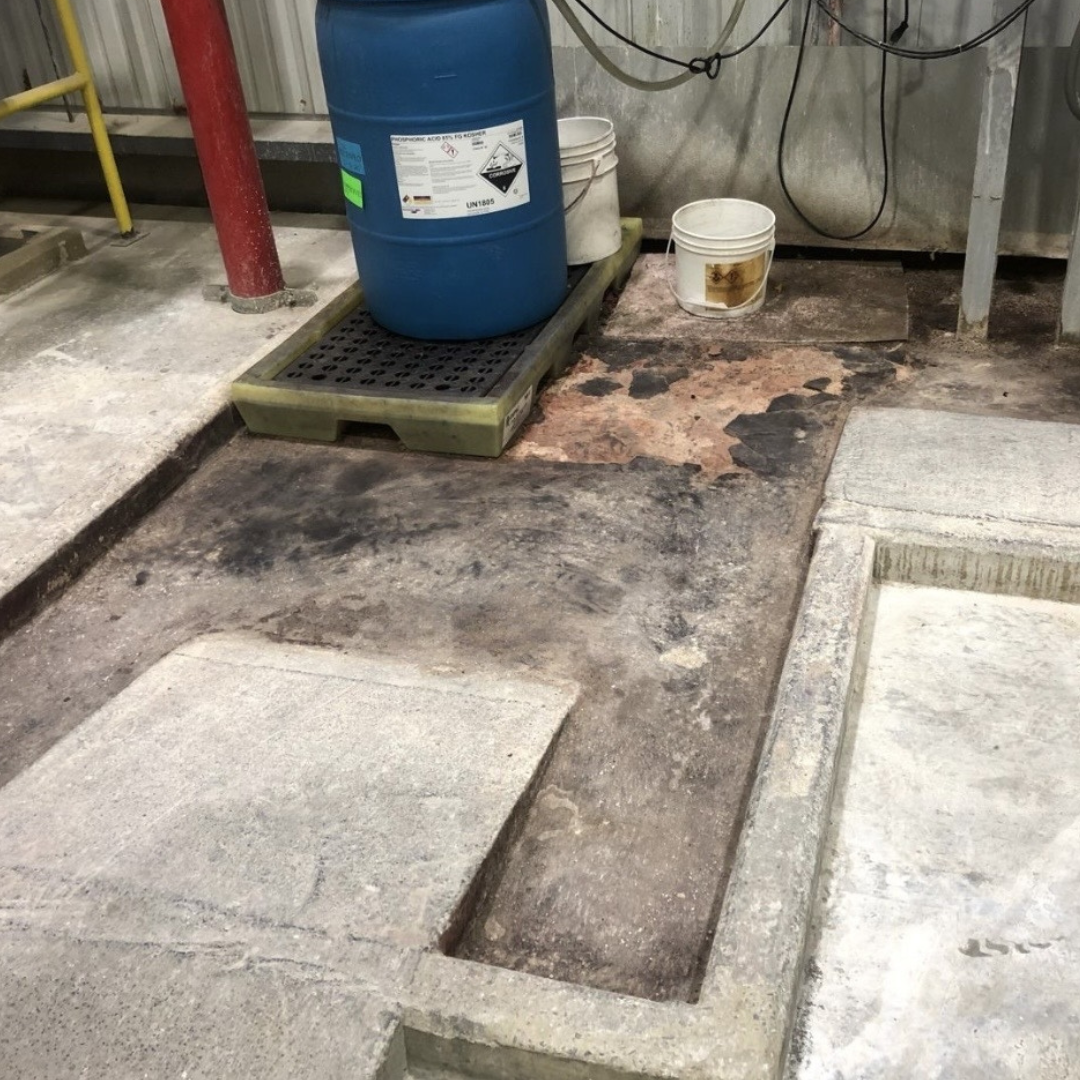 Deteriorated Concrete due to Chemical Spillage
